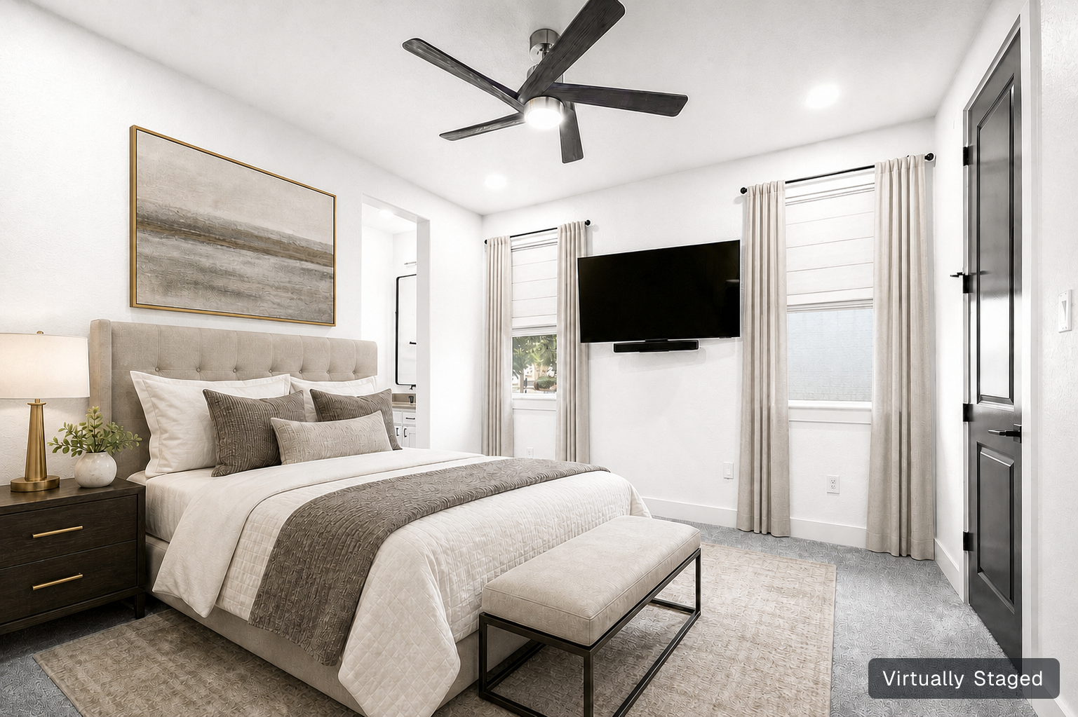 The same bedroom virtually staged with furniture